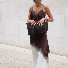 Combhasaki Women Floral Lace Trim Satin High Low Vest Silk Spaghetti Strap Side Split Asymmetrical Cami Flowy Silky Layering Top