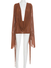 Beyprern Elegant Flare Sleeve V Neck Ruched Sheer Mesh Short Dress Pink Holiday Outfits Beach Cover-Up Dress Night Out Vestidos