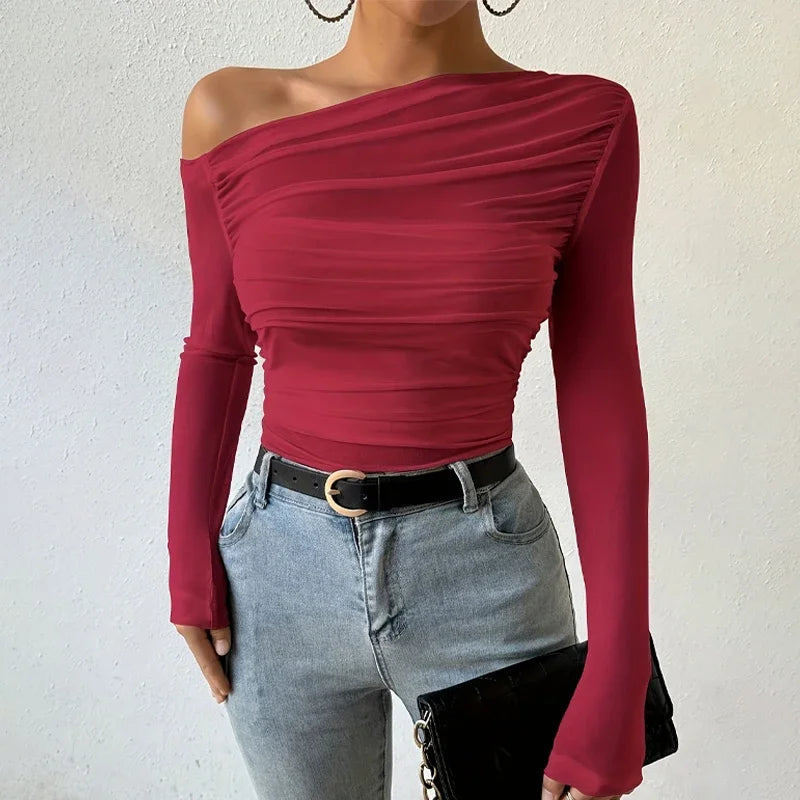 Fall Fashion Off The Shoulder Long Sleeve Shirts Crop Tops Slim Fit Blouses Y2K Clothing Streetwear