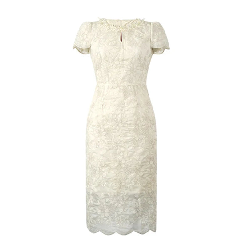 Elegant Romantic Midi Party Dress Women Sweet Floral Embroidery Hollow Out Slim Robe Female s Formal Gatherings Vestidos