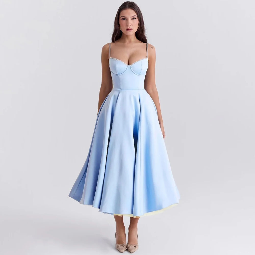 Women's Casual Spaghetti Strap A Line Flowy Midi Dresses Party Evening Gown Backless Elegant Wedding Guest Dress with Pockets