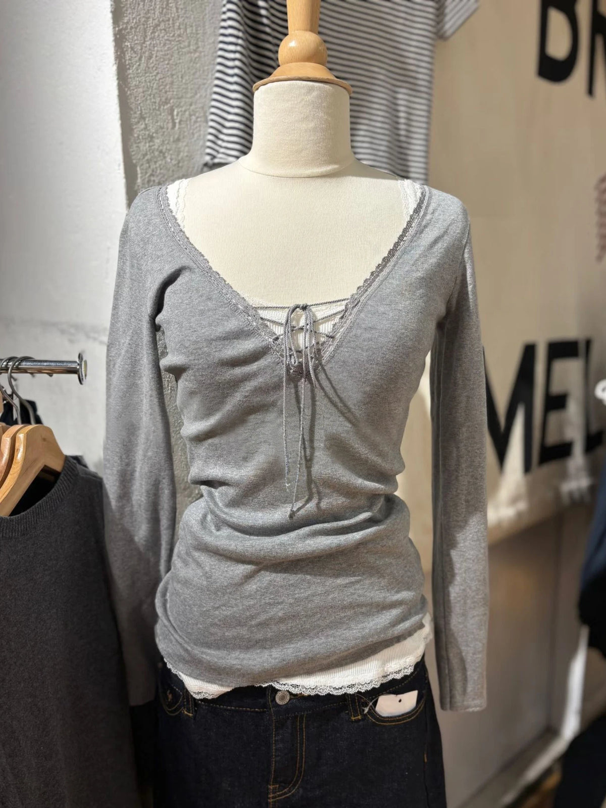 Bandage Lace Trim Long Sleeve T-shirt  Sexy V-neck Cotton Slim Tshirt Top Female Casual Simple Solid Elegant Woman's Tees