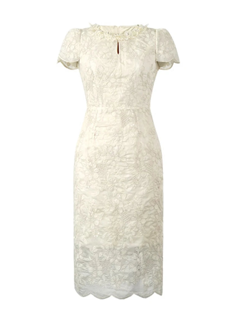 Elegant Romantic Midi Party Dress Women Sweet Floral Embroidery Hollow Out Slim Robe Female s Formal Gatherings Vestidos