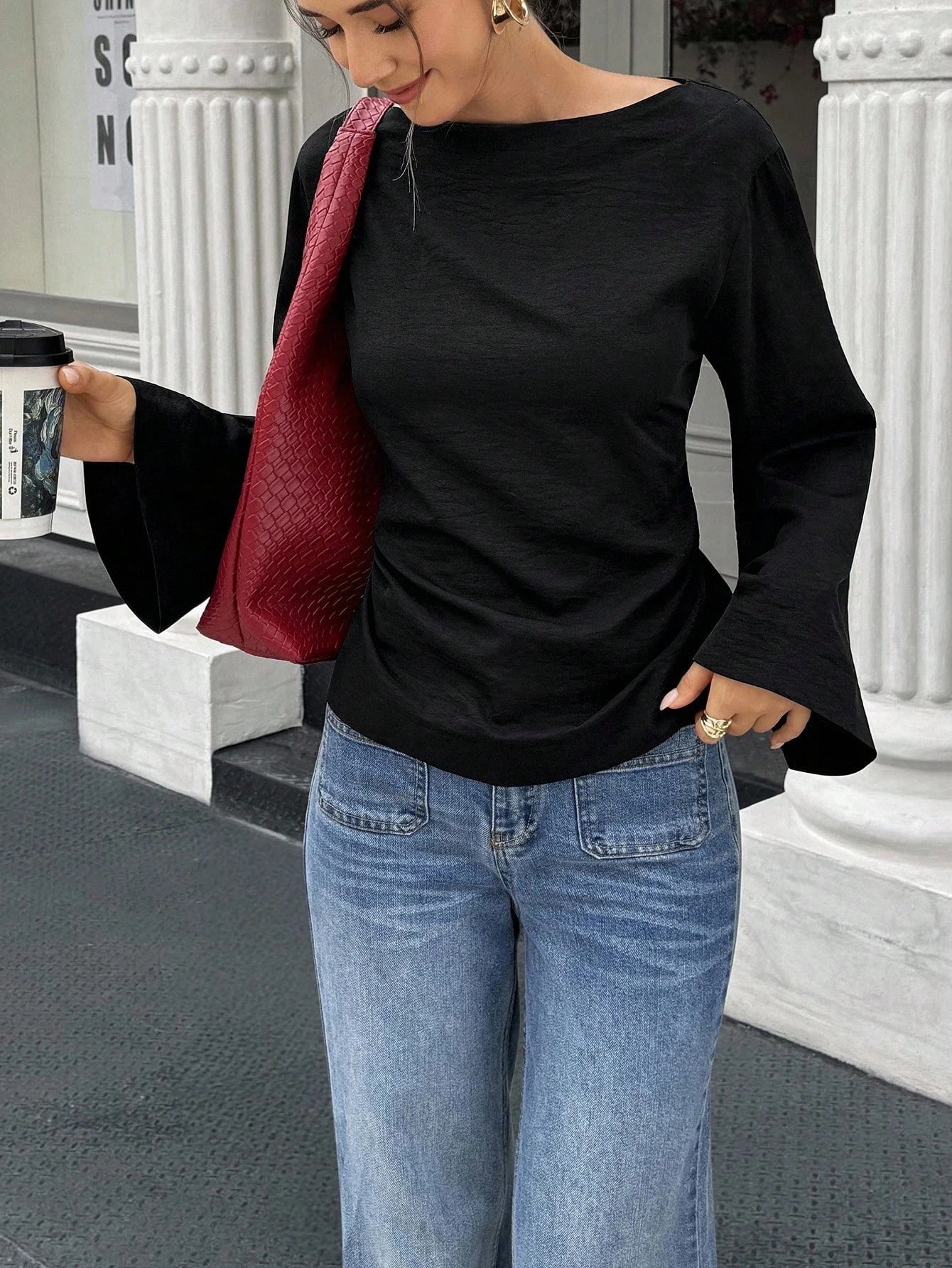 Women's Casual Solid Color Boat Neck Flare Sleeve T-Shirt Elegant Back Tie Slim Fit Long Sleeve Tops Spring/Fall