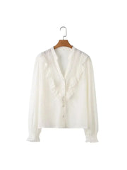 2026 Spring Summer Women French Fashion Chiffon Shirts Ruffle Design Single-breasted Vintage Blouses