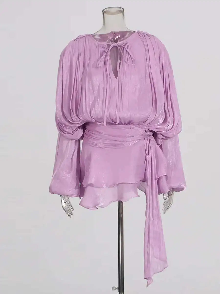 Solid Blouse Mini Dresses For Women V Neck Long Sleeve Spliced Lace Up Sweet Style Dress Female Clothing Fashion