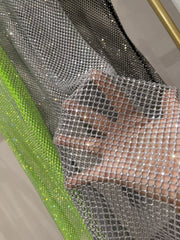 Sexy Sleeveless Skeleton Glitter Rhinestone Dress Fishing Net Mesh See Through Round Neck Midi Dress Party