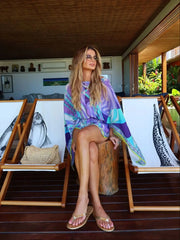 Print Long Sleeve Mini Dress Cover Up Women Party Pintuck Dresses Cap-Sleeve O Neck Ruched Elegant Holiday Beach Robe