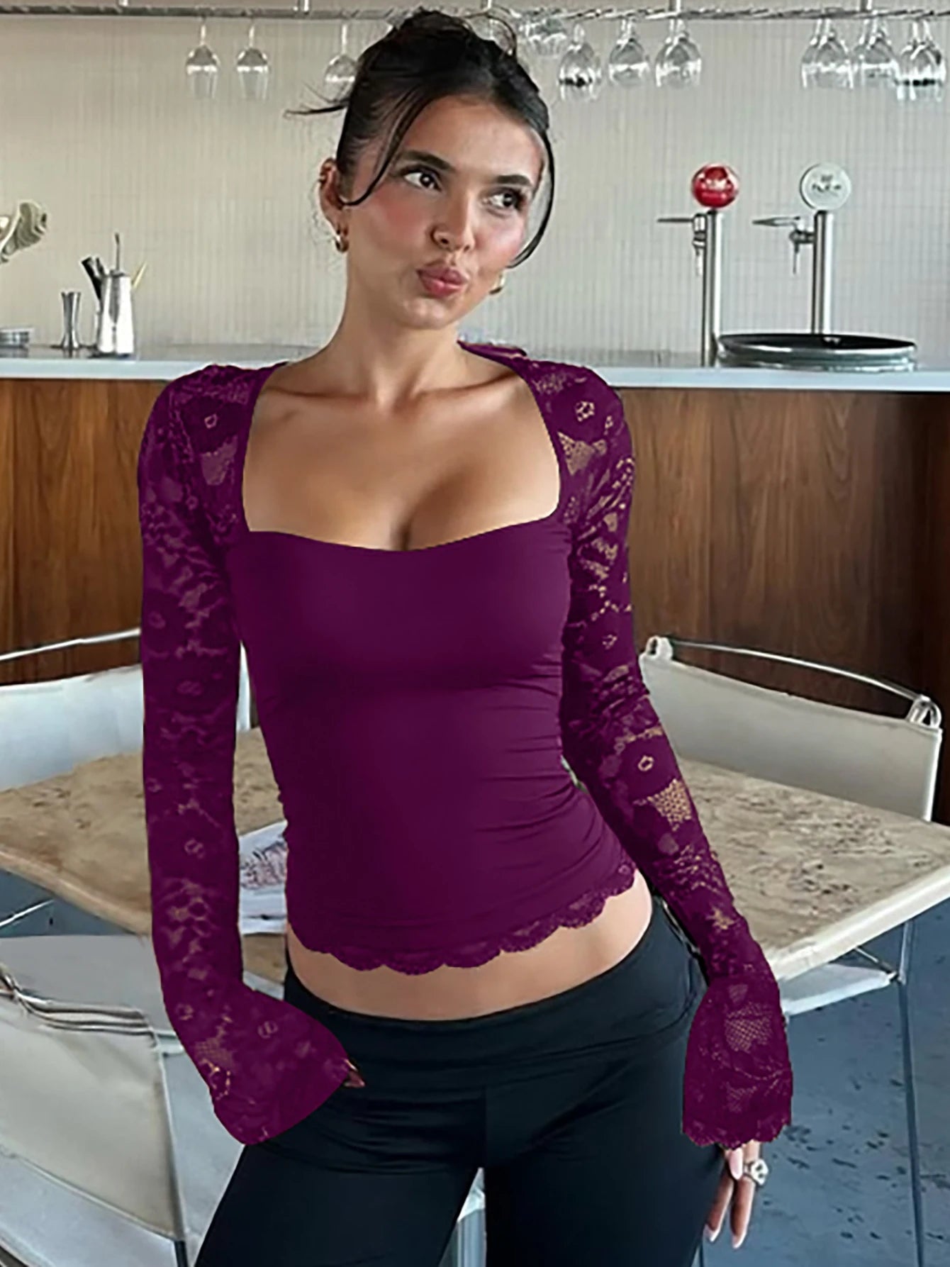 Hugcitar Women Fashion Square Collar Patchwork Lace Floral Print Long Sleeve Sexy Crop T-Shirt Sheer Summer Clothes Party Club