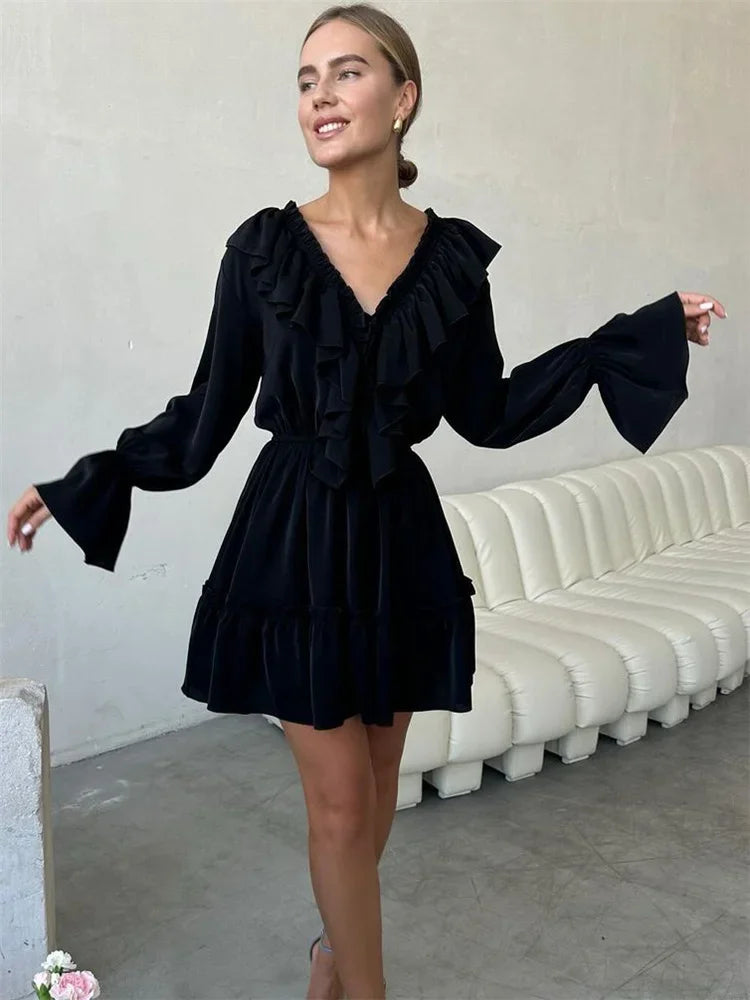 Talenza White Ruffle Bandage Mini Dress Women's Elegant Patchwork Long Sleeve Dress New Slim V Neck Lace Up Summer Mini Dress