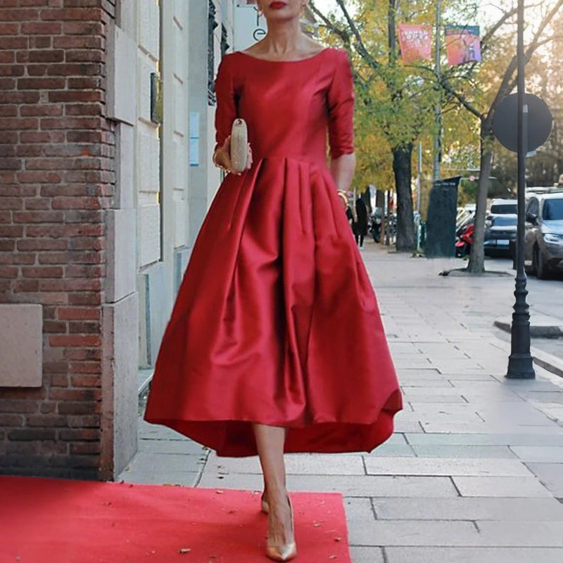 Women's A-Line Long Sleeve Dress 2026 Half Sleeves O-Neck Pleated Elegant Classical Evening Christmas Urban Lady Midi Dresses