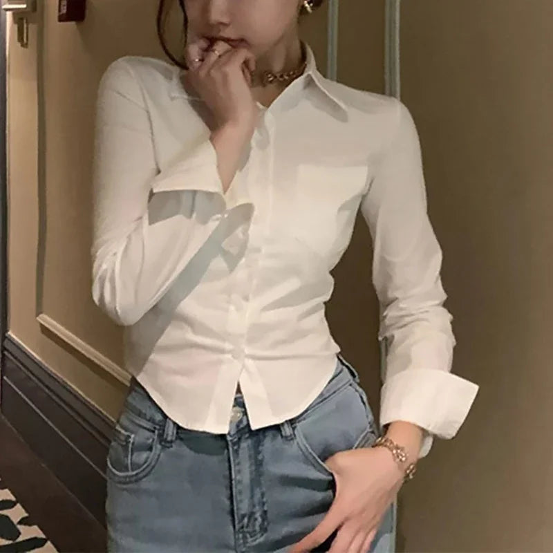 2026 Spring Commuter Long Sleeve New Female Crop Tops Korean White Office Women Chiffon Shirt Pocket Button Lapel Ladies Blouse