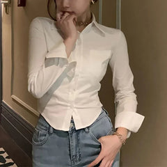2026 Spring Commuter Long Sleeve New Female Crop Tops Korean White Office Women Chiffon Shirt Pocket Button Lapel Ladies Blouse