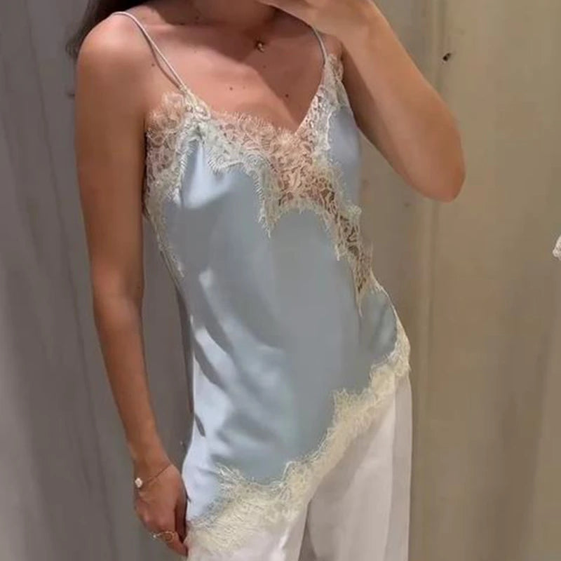 Combhasaki Women Floral Lace Trim Satin High Low Vest Silk Spaghetti Strap Side Split Asymmetrical Cami Flowy Silky Layering Top