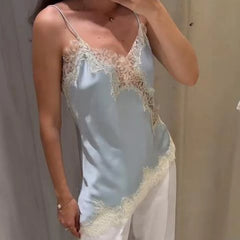 Combhasaki Women Floral Lace Trim Satin High Low Vest Silk Spaghetti Strap Side Split Asymmetrical Cami Flowy Silky Layering Top