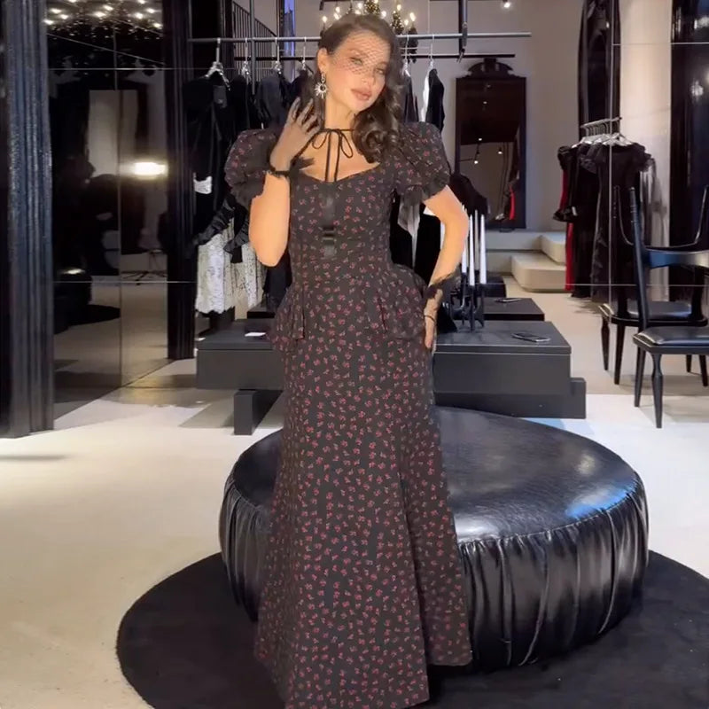 Floral Print Women's Long Dresses Square Neck Short Puff Sleeve Ruffle Mermaid Dress 2026 Spring Trendy Female Fashion Robes