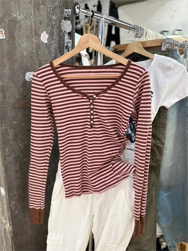 Sweet Pink Striped Long Sleeve T-shirt Woman Spring New Y2K O-Neck Cotton Slim Tshirts Tops Female Cute Preppy Style Tee Shirts