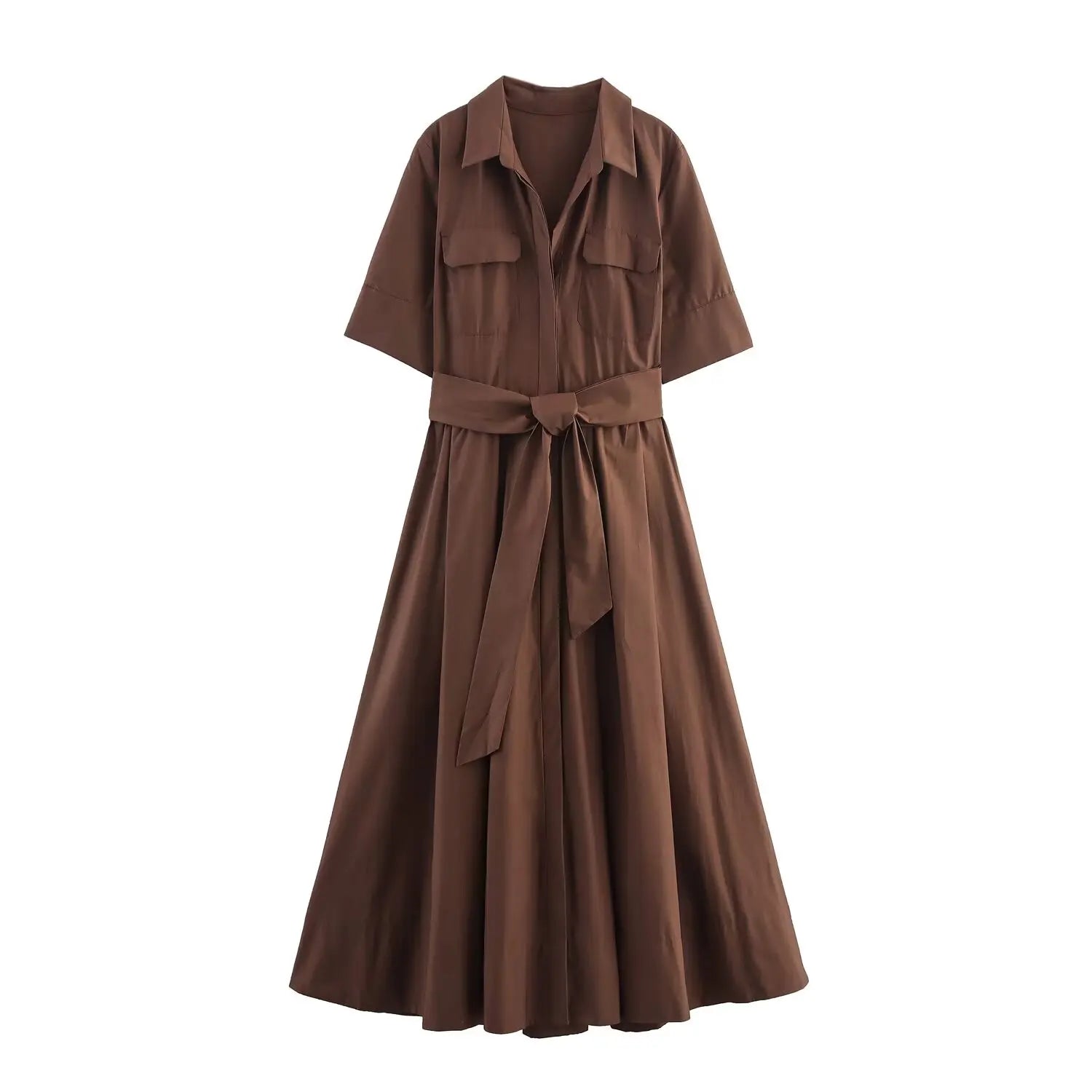 Women Summer Lapel Short Sleeve Pocket Single-Breasted Belt Decorate Midi Dress Female Fashion Shirt Style Pleated Dress