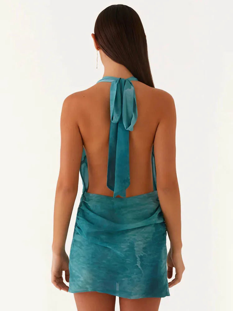 Deep V Neck Sexy Mini Dress Women Summer Shell Decoration Sleeveless Backless Ruched Club Party Dress Elegant