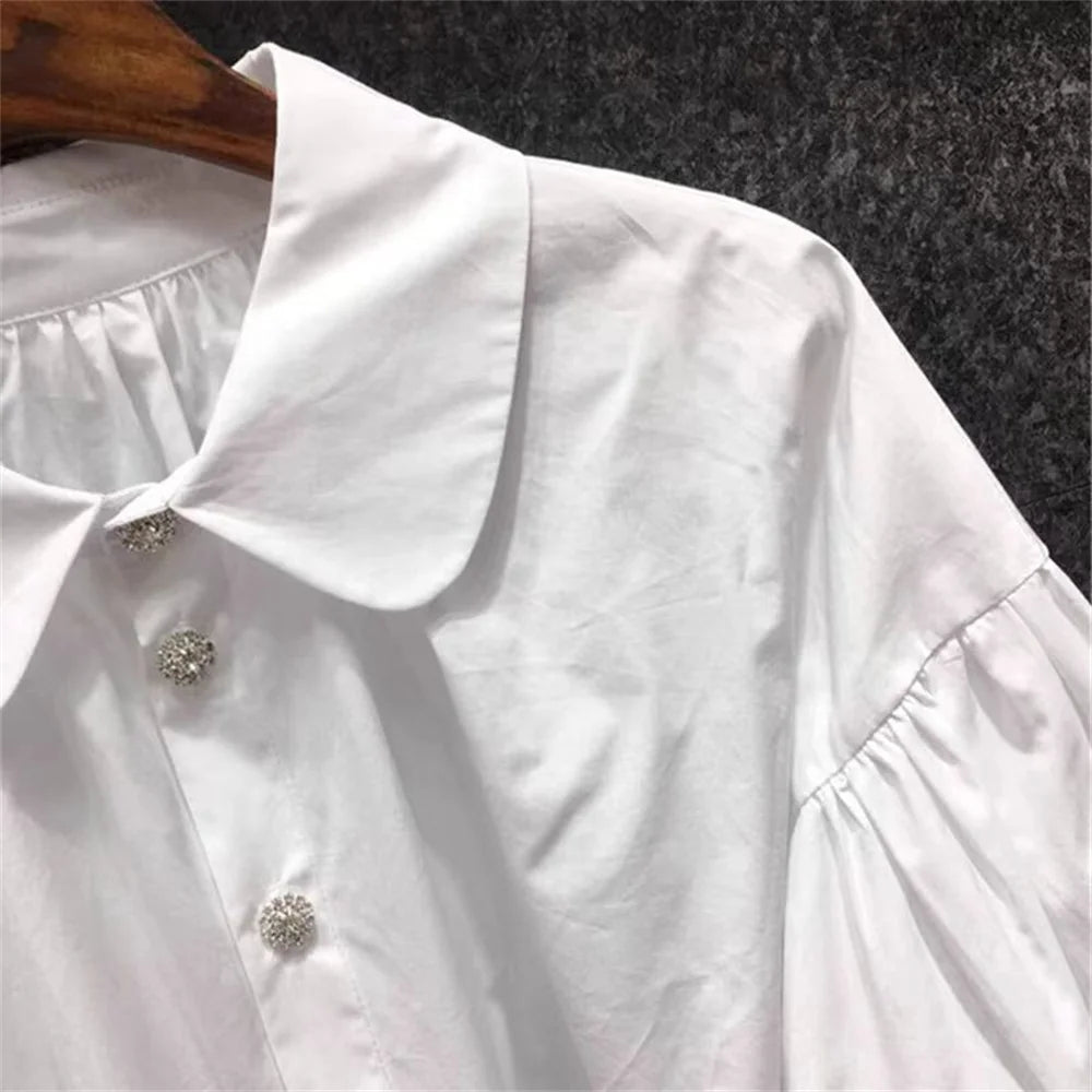 Spring New Fashion Puff Sleeve Shirt Peter Pan Collar Blouses Women Ladies Tops White Shirts Vintage Female Korean Blouse