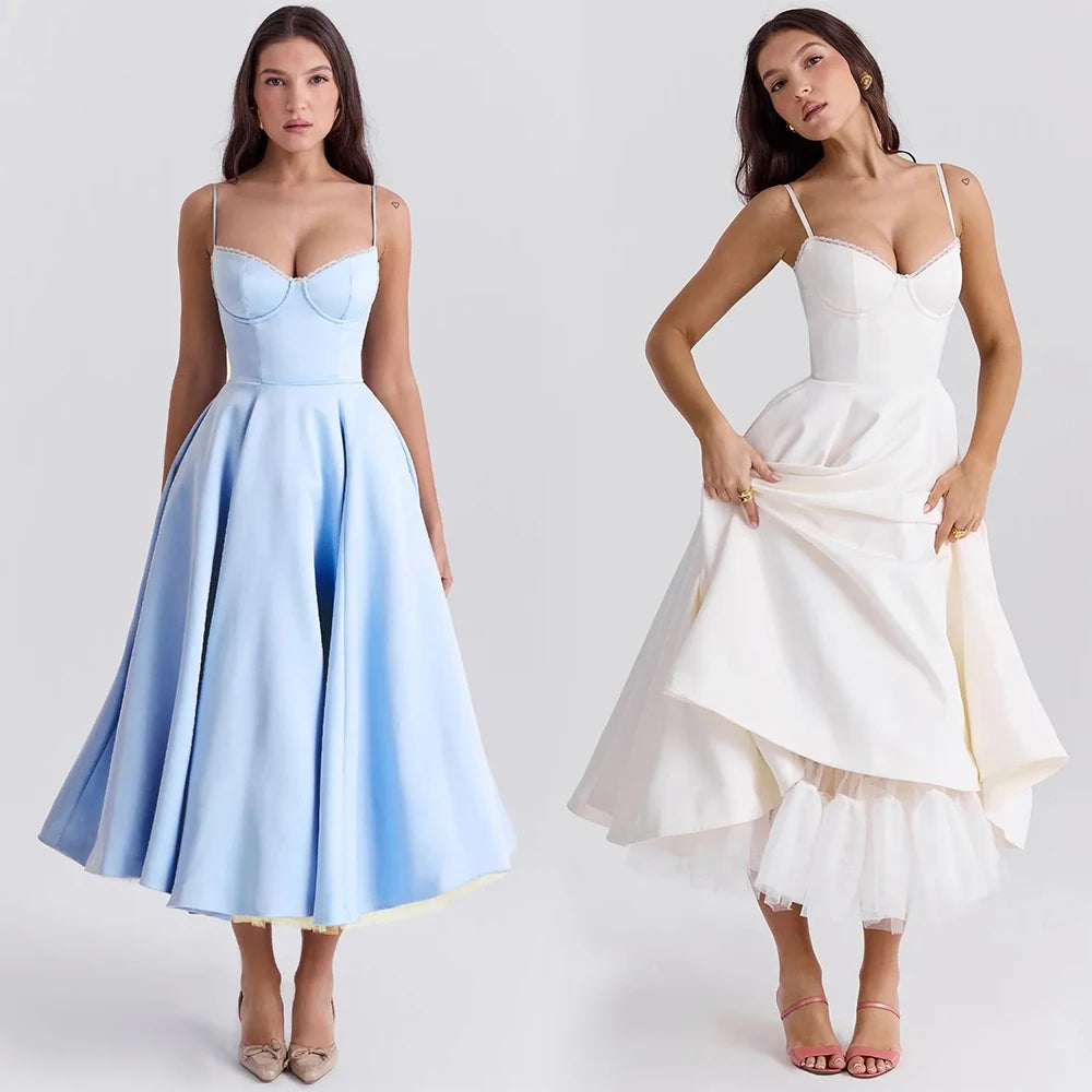 Women's Casual Spaghetti Strap A Line Flowy Midi Dresses Party Evening Gown Backless Elegant Wedding Guest Dress with Pockets