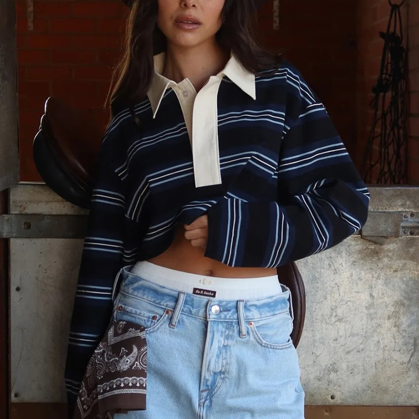 Vintage Lapel Collar Shirt Pullover Tops Tees Women Striped Rugby Polo T-shirt Y2k Long Sleeve Sweatshirt Preppy Sweatshirt