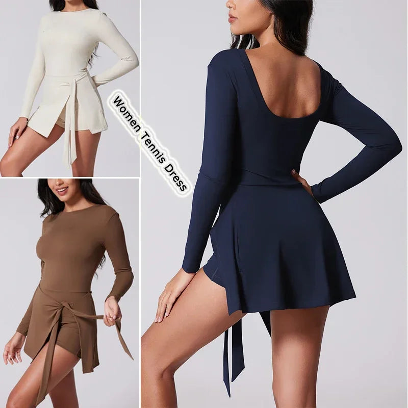 VITALINOVO Womens High Neck Tennis Dress Long Sleeve Sarong Wrap Skirt Built in Shorts Golf Athletic Dress Workout Rompers