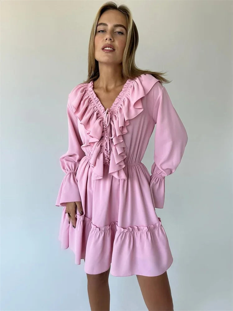 Talenza White Ruffle Bandage Mini Dress Women's Elegant Patchwork Long Sleeve Dress New Slim V Neck Lace Up Summer Mini Dress