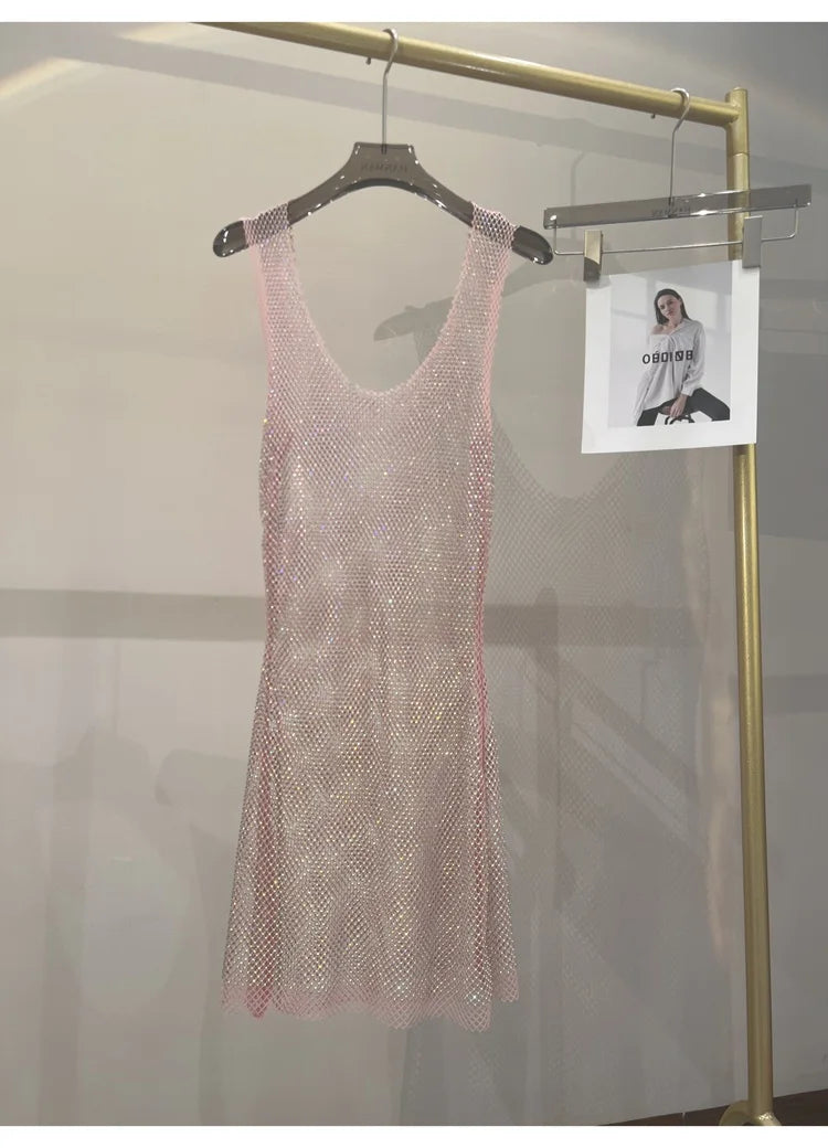 Sexy Sleeveless Skeleton Glitter Rhinestone Dress Fishing Net Mesh See Through Round Neck Midi Dress Party