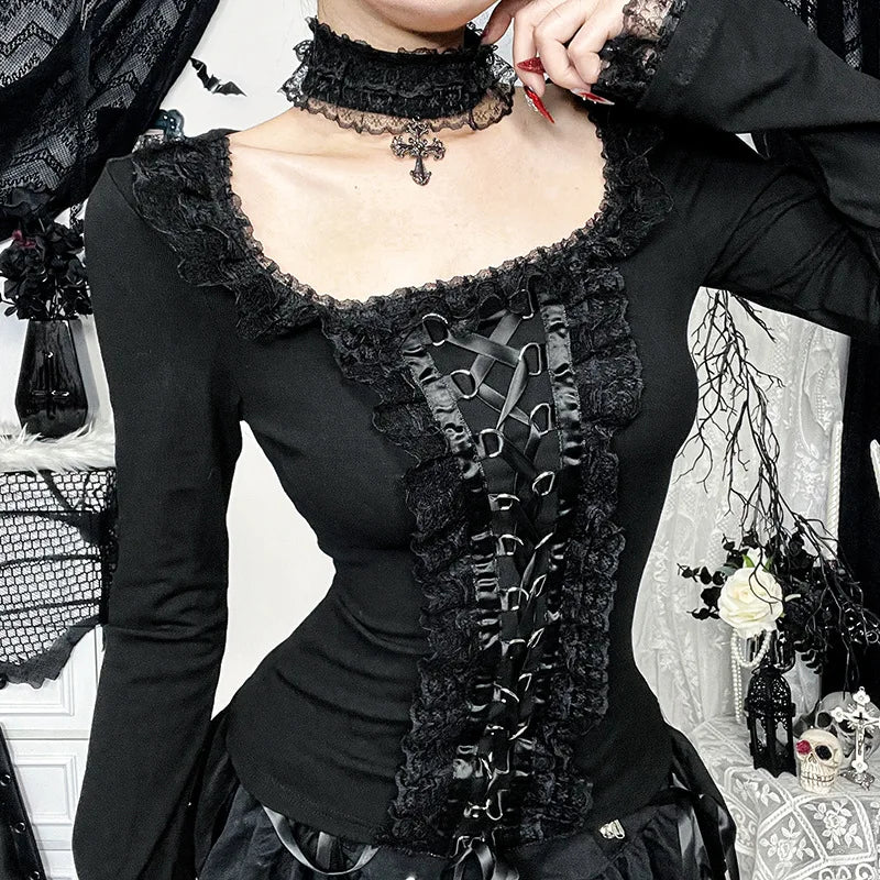 Gothic Lace Trim Long Sleeve Top