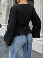 Women's Casual Solid Color Boat Neck Flare Sleeve T-Shirt Elegant Back Tie Slim Fit Long Sleeve Tops Spring/Fall