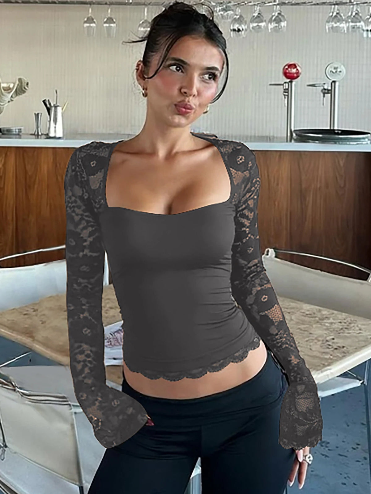 Hugcitar Women Fashion Square Collar Patchwork Lace Floral Print Long Sleeve Sexy Crop T-Shirt Sheer Summer Clothes Party Club