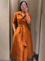 Women Summer Lapel Short Sleeve Pocket Single-Breasted Belt Decorate Midi Dress Female Fashion Shirt Style Pleated Dress