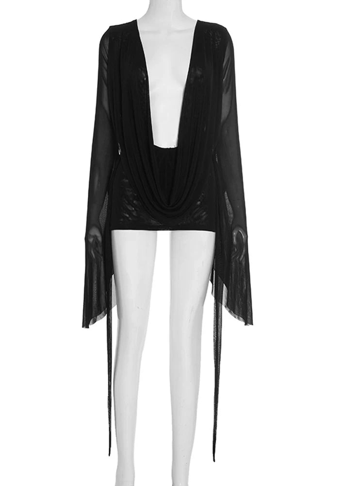 Beyprern Elegant Flare Sleeve V Neck Ruched Sheer Mesh Short Dress Pink Holiday Outfits Beach Cover-Up Dress Night Out Vestidos