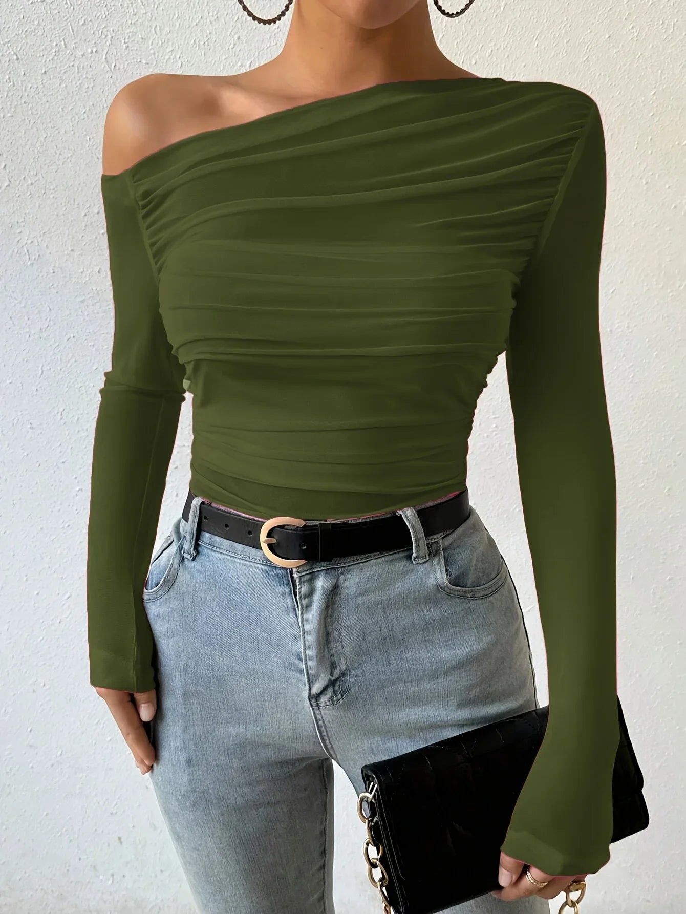 Fall Fashion Off The Shoulder Long Sleeve Shirts Crop Tops Slim Fit Blouses Y2K Clothing Streetwear
