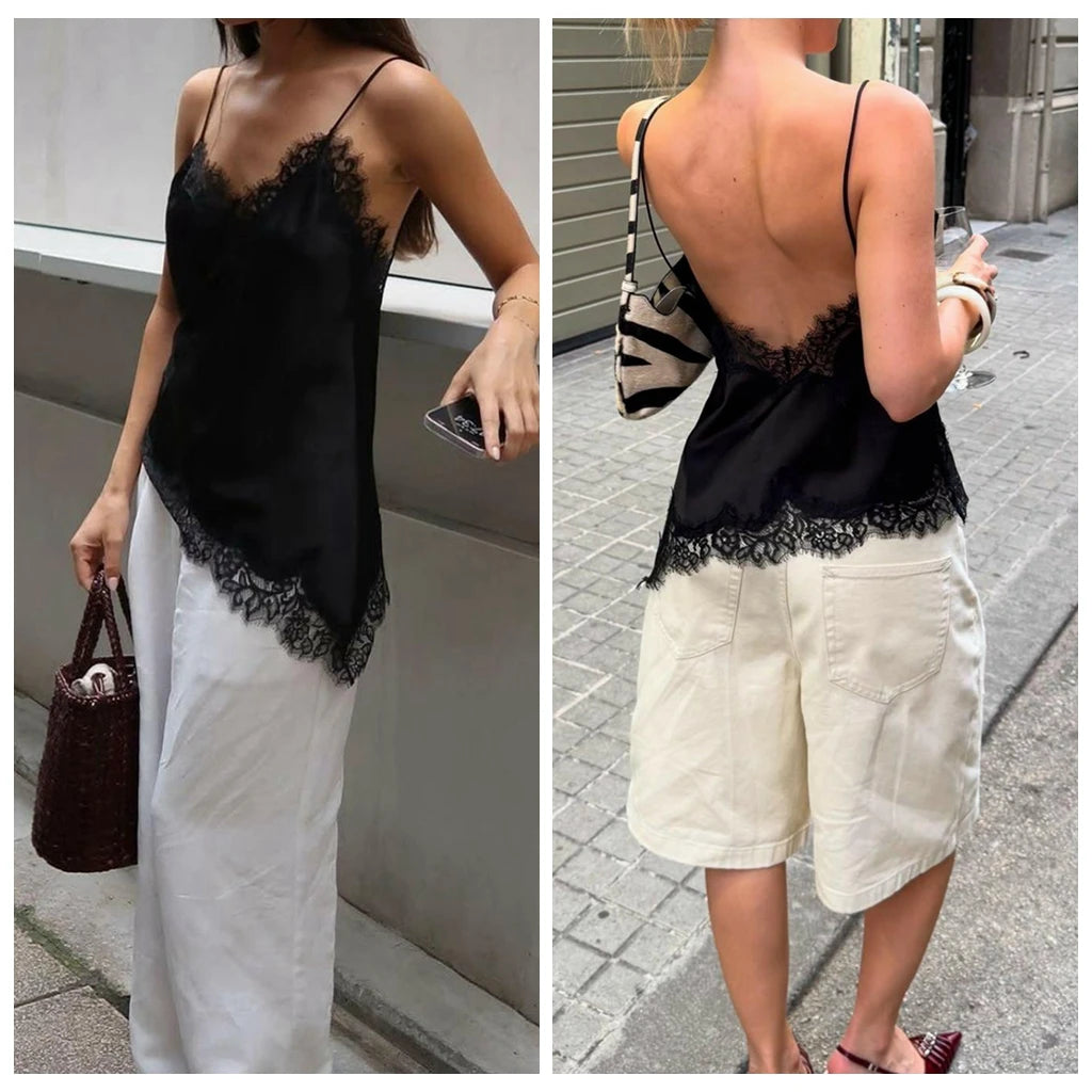 Combhasaki Women Floral Lace Trim Satin High Low Vest Silk Spaghetti Strap Side Split Asymmetrical Cami Flowy Silky Layering Top