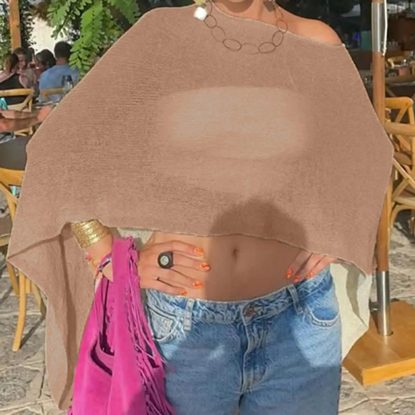 Combhasaki Women Knitwear Bikini Cover-up See-through Solid Off Shoulder Irregular Triangle Hem Loose Pullover Summer Beach Tops