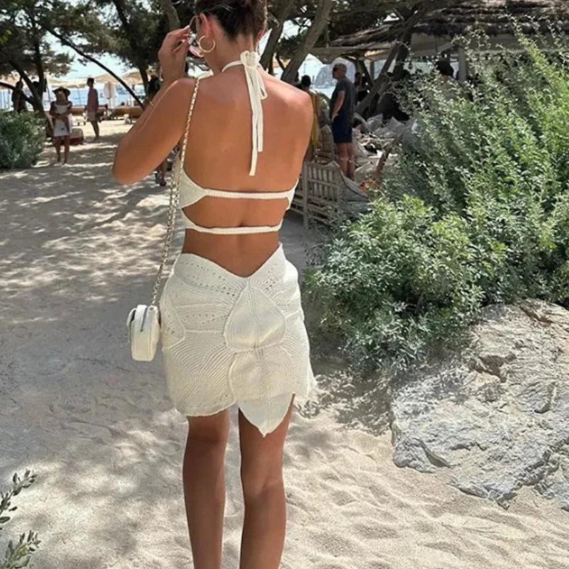 Women Dress Hollow Out Halter Sleeveless Backless Solid Sexy Mini Beach Dresses Knitted Short Lady Slim Vestidos Party Dress