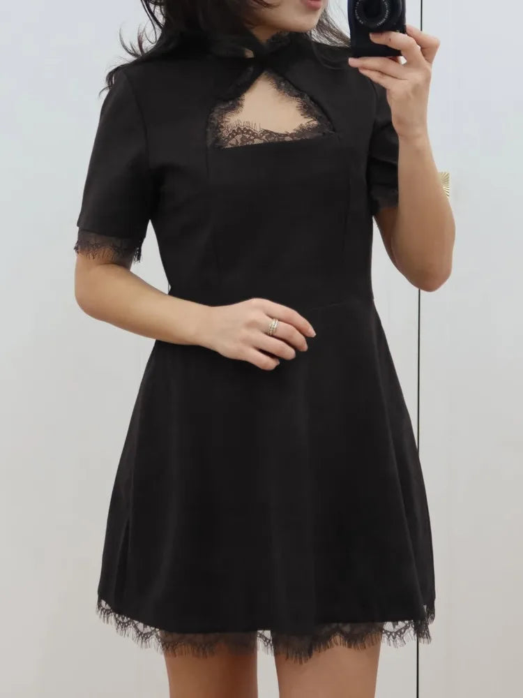 Tossy Black Lace Hollow Out Mini Dress Female Patchwork Short Sleeve Sexy High Waist Party Dress Women's Casual Printed Dress