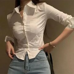 2026 Spring Commuter Long Sleeve New Female Crop Tops Korean White Office Women Chiffon Shirt Pocket Button Lapel Ladies Blouse