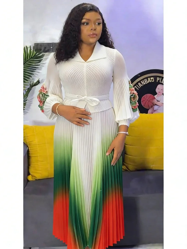 Lapel Lantern Sleeves Belt Waist Slimming Gradient Pleated A-line Skirt Elegant Women's Clothing 9R66