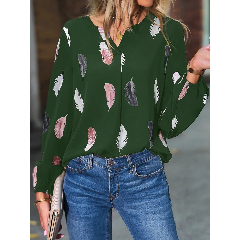 Temperament Elegant V-neck Feather Painting Printing Long Sleeve Loose T-shirt Flare Sleeve Women's Tops