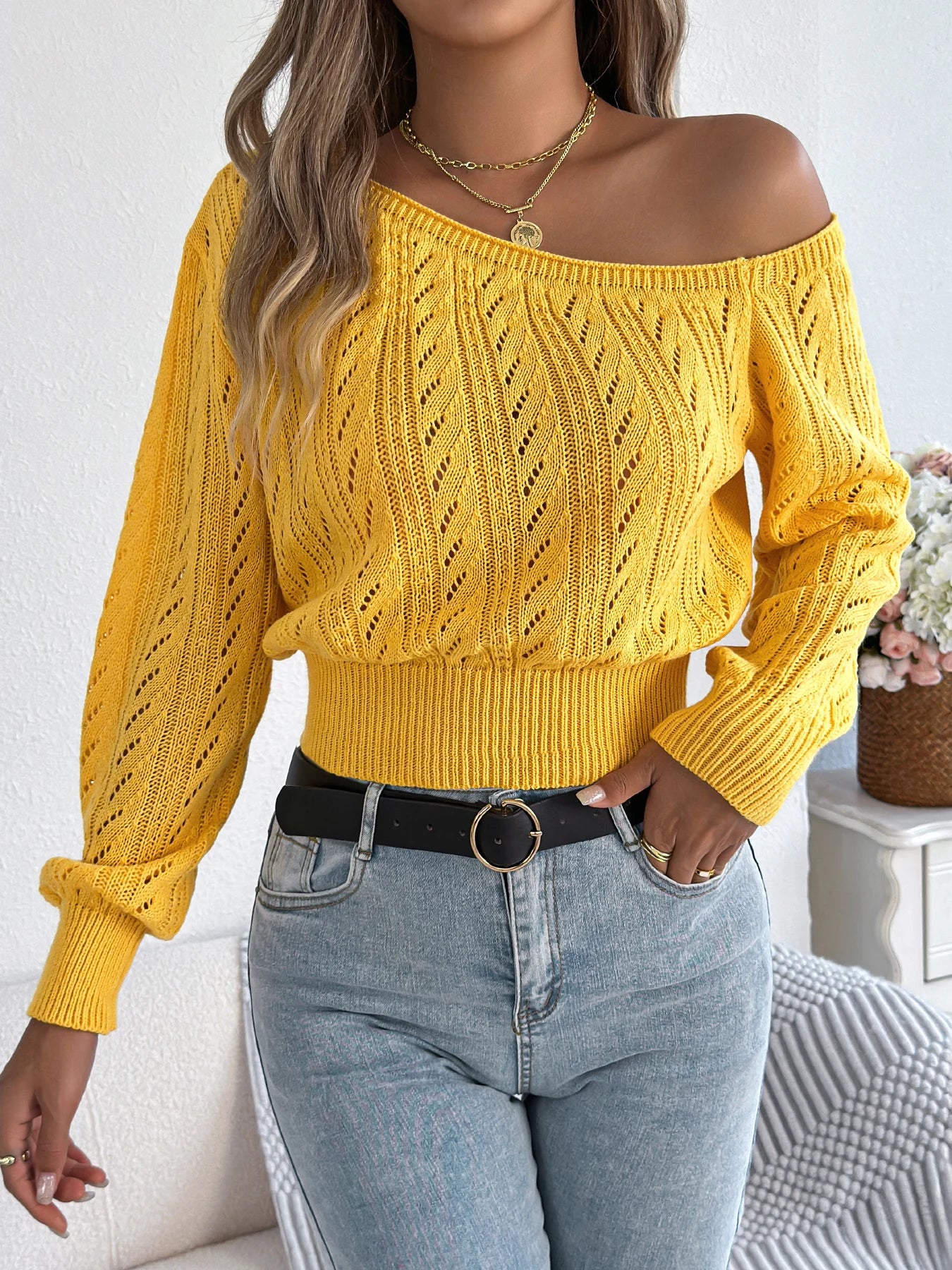 Elegant Slash Neck Off shoulder Long Sleeved Knitted Pullover Sweater for Women
