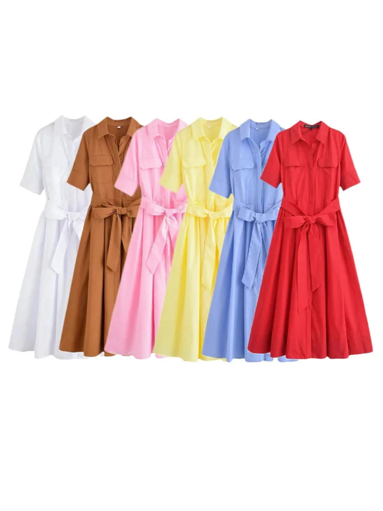 Women Summer Lapel Short Sleeve Pocket Single-Breasted Belt Decorate Midi Dress Female Fashion Shirt Style Pleated Dress