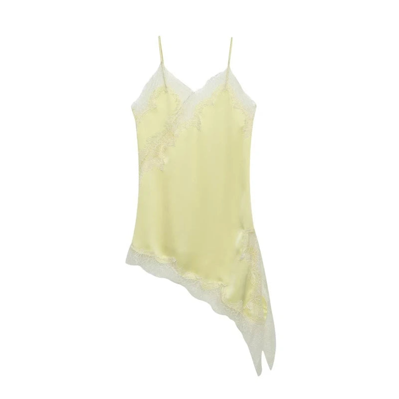 Combhasaki Women Floral Lace Trim Satin High Low Vest Silk Spaghetti Strap Side Split Asymmetrical Cami Flowy Silky Layering Top