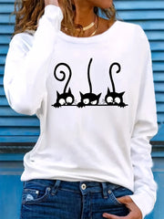 100% pure cotton women's spring and autumn loose comfortable cartoon cat graphic printed long sleeved round neck T-shirt