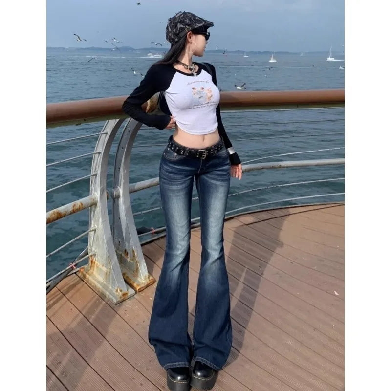 Y2K Slim Fit High Waist Casual Womens Jeans Retro Denim Pants Low Rise Flared Trousers Long Bootcut Drag Autumn for Women