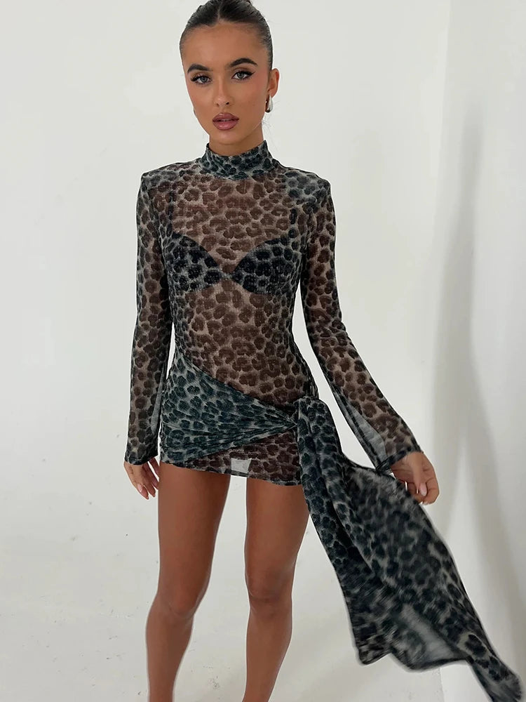 Fantoye Turtleneck Sexy Sheer Print Leopard Bandage Women Dress Long Sleeve Mini Dress Lady Spring Slim Elegant Party Club Dress