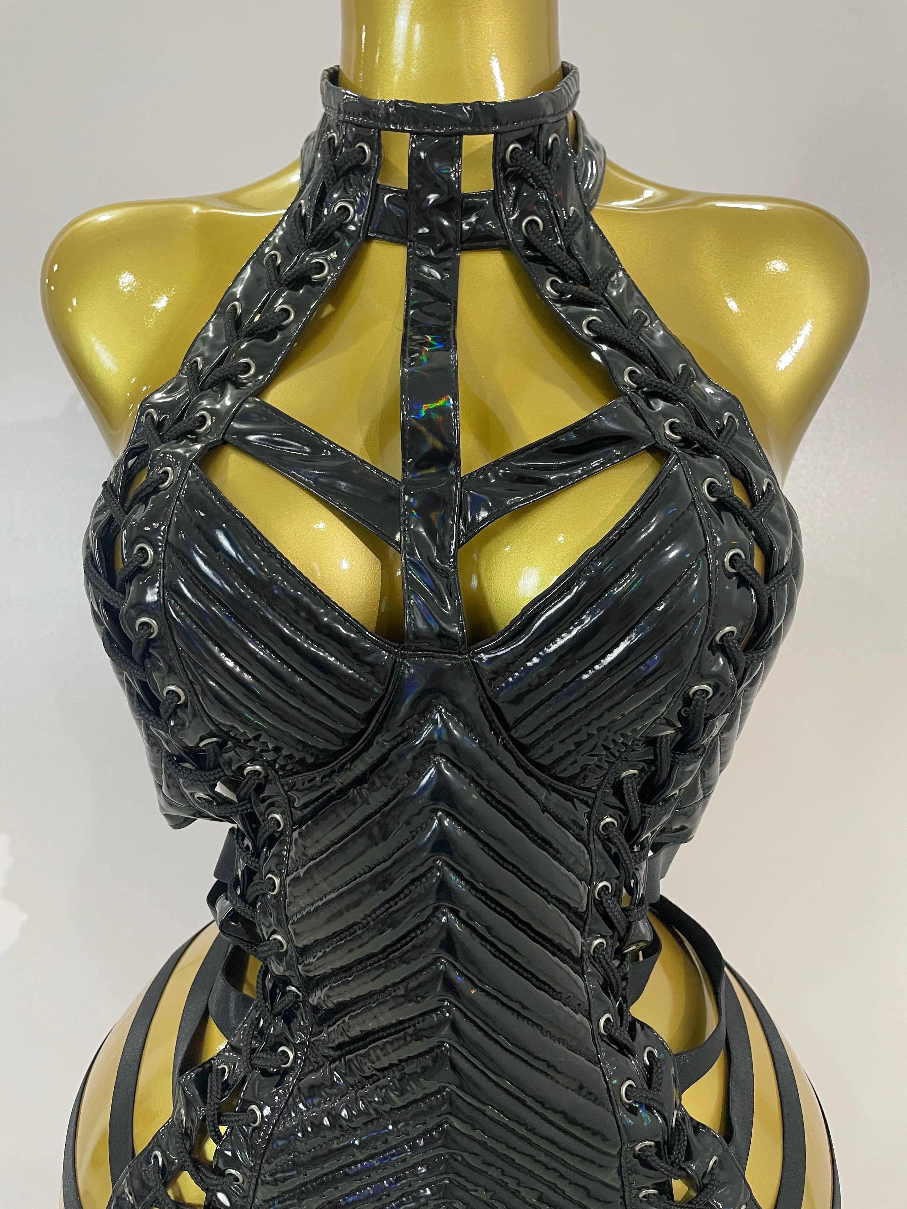 Sexy Black Leather Hollow Out Gothic Bandage Halter Short Dress Women Gogo Dance Singer Nightclub Bar Performance Stage Wear