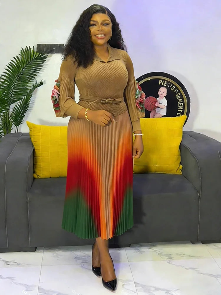 Lapel Lantern Sleeves Belt Waist Slimming Gradient Pleated A-line Skirt Elegant Women's Clothing 9R66